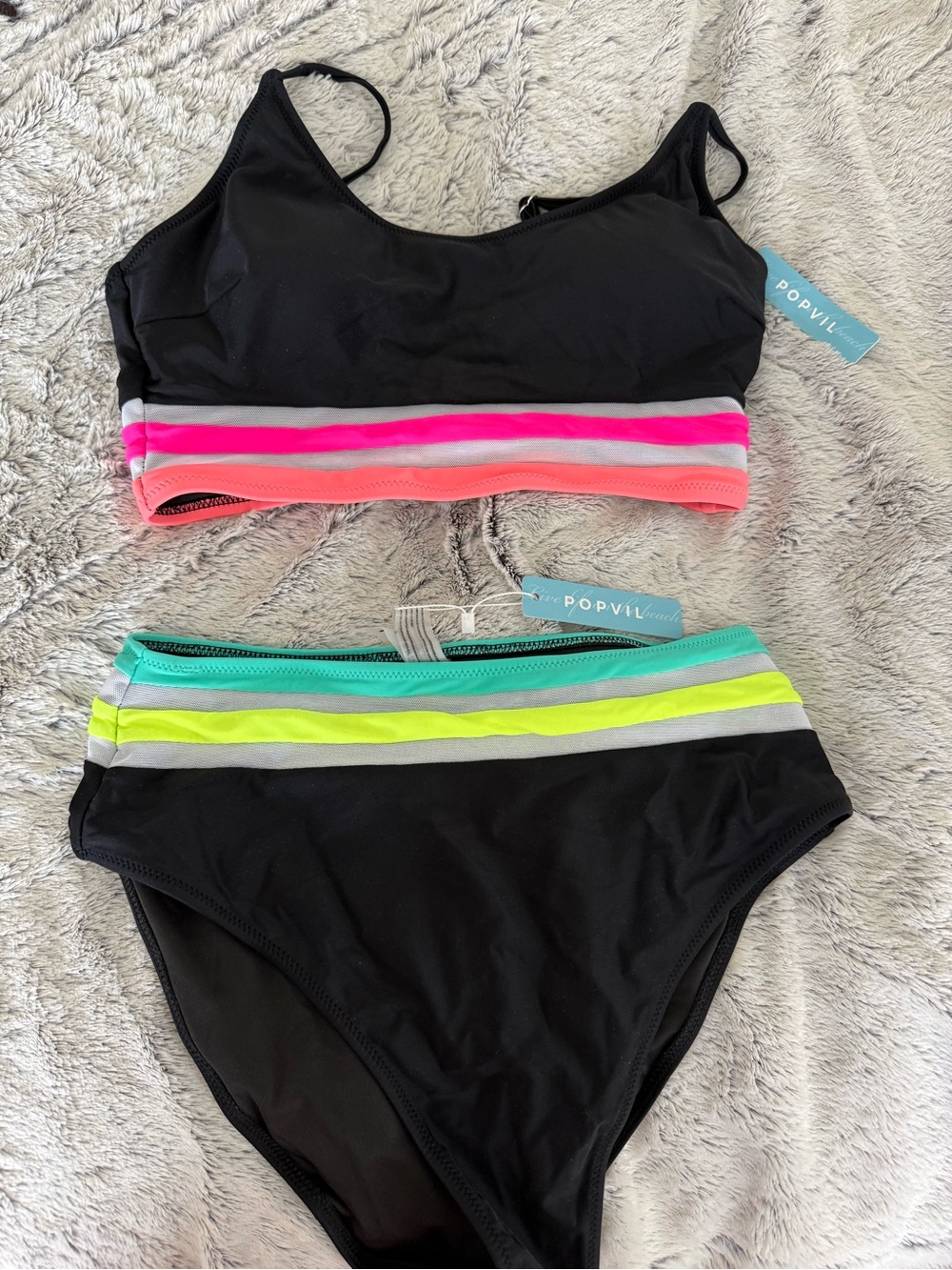 Popvil Black High-Waist Bikini with Neon Stripe Trim